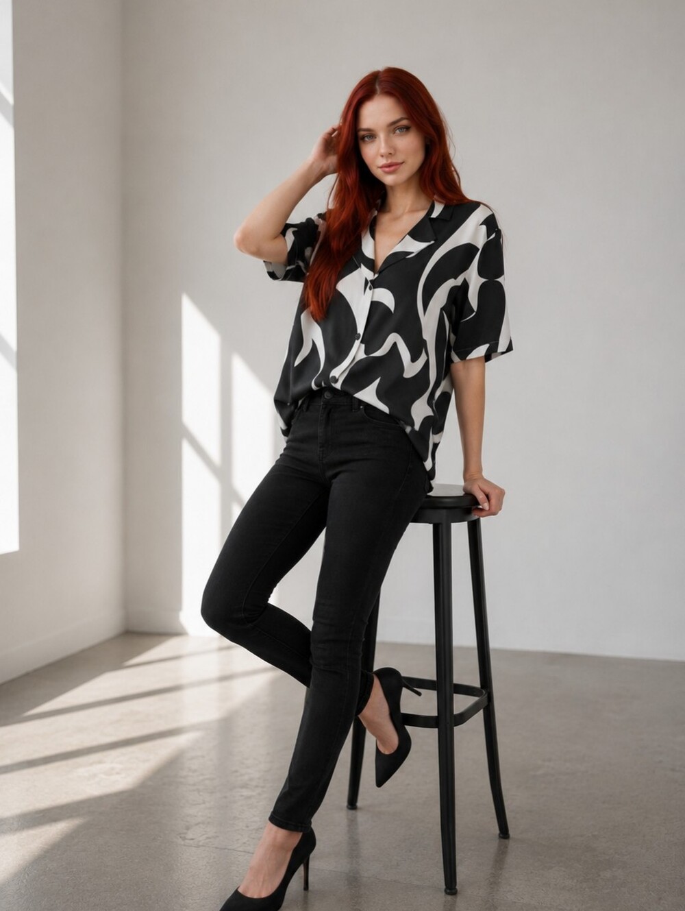 EUC A New Day Size Medium Short Sleeved Black & White Camp Shirt Top!!